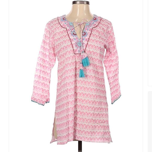 Bella tu pink & blue long sleeve tassel tunic blouse size S - Picture 1 of 3